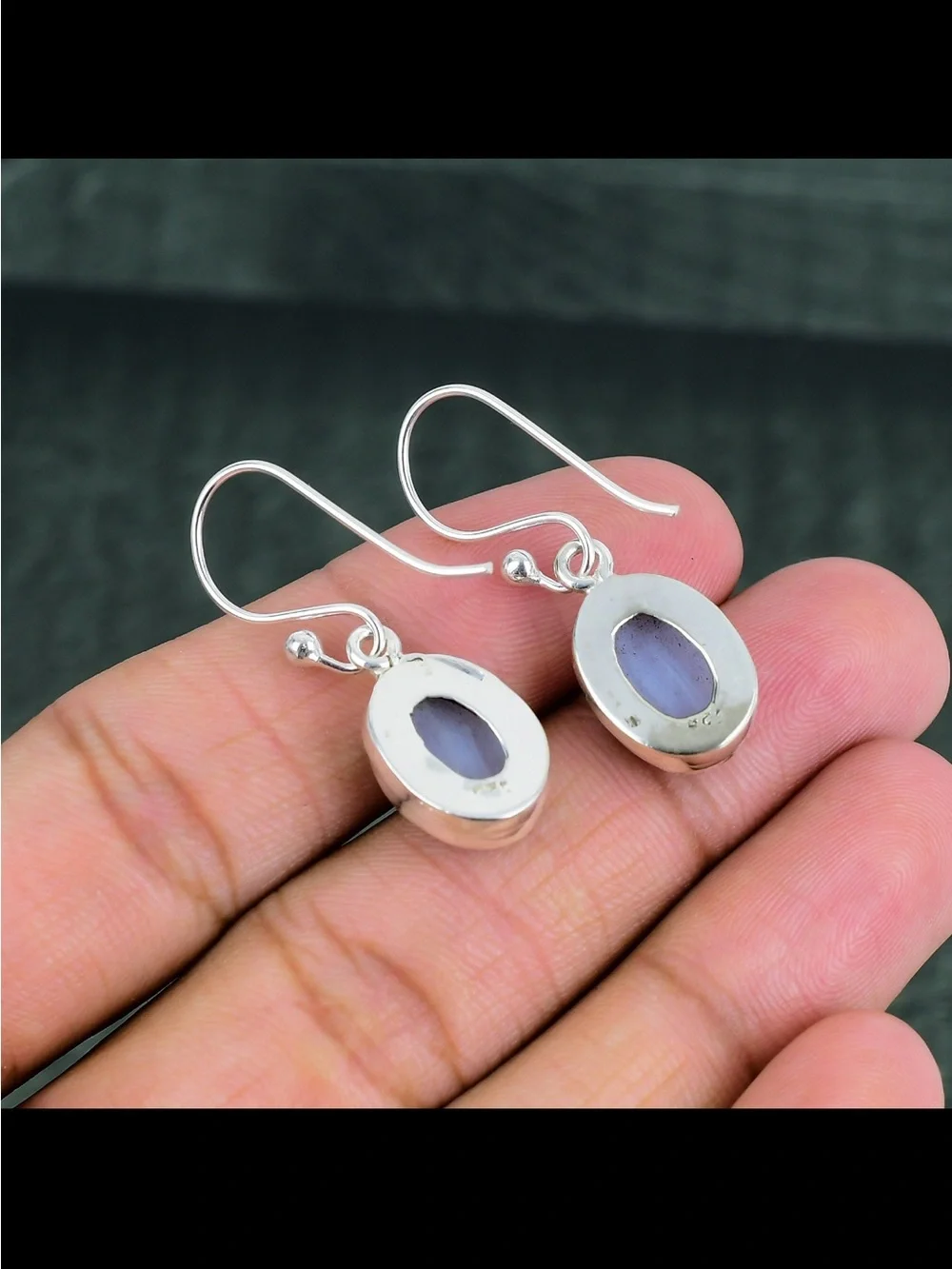 Blue Lace Agate Oval Drop Earrings - Sterling Silver